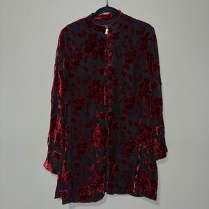 Vintage Oberon Red Black Silk Blend Floral Velvet Burnout Button Front Tunic 12